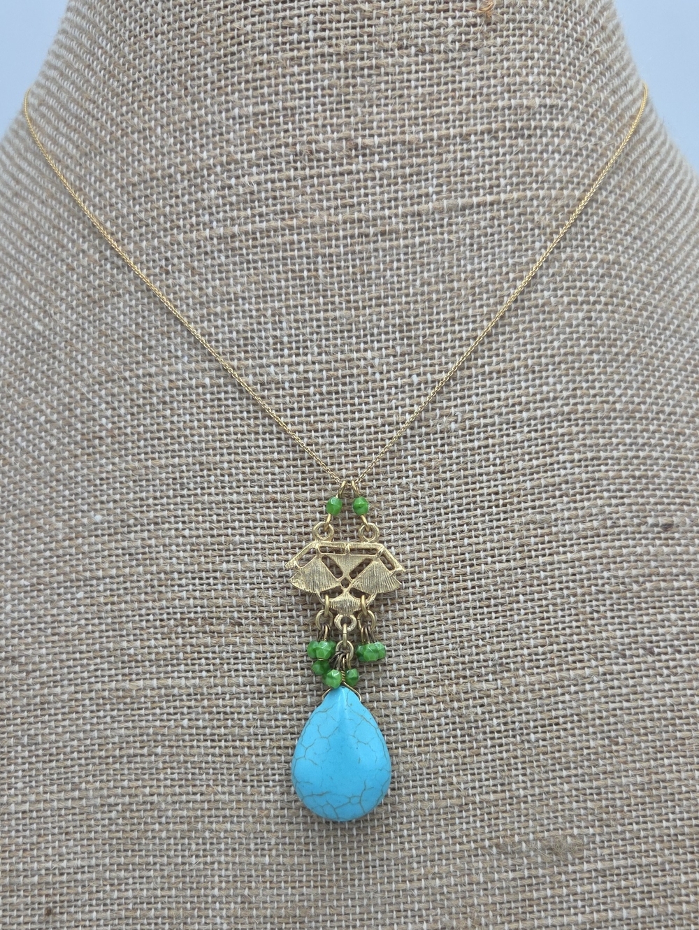David Aubrey Gold-Tone Necklace with Turquoise Teardrop and Green Accents